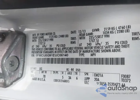 2014 Ford Escape Se z USA, uszkodzony, nr VIN 1FMCU0G91EUC06140